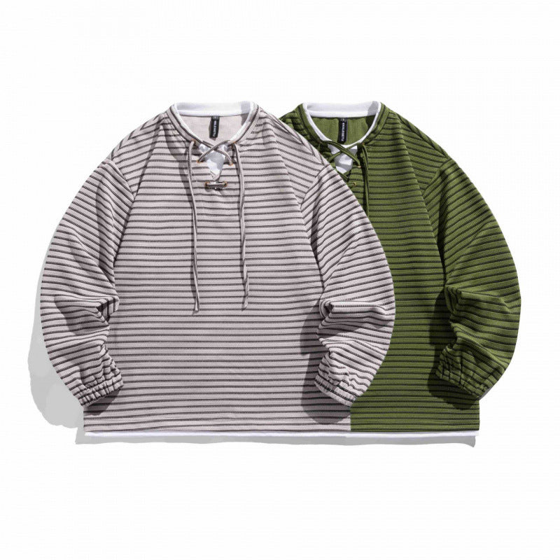 Unisex Gestreifter Oversize-Pullover mit Schnürkragen und Strukturstrick Nord Taschen