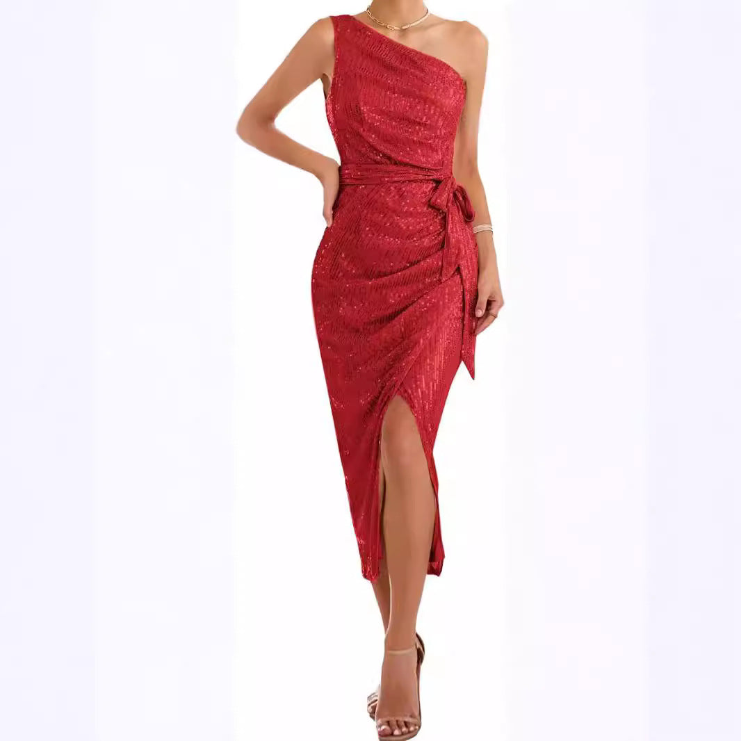 Damen asymmetrisches Abendkleid mit Pailletten und hohem Schlitz