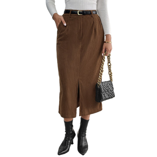 Damen Midirock aus Cord mit elastischem Bund, Seitentaschen und Frontschlitz Nord Taschen