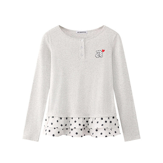 Damen Langärmeliges Henley-Layering-Top mit Volant-Untertritt und Herz-Patch Nord Taschen
