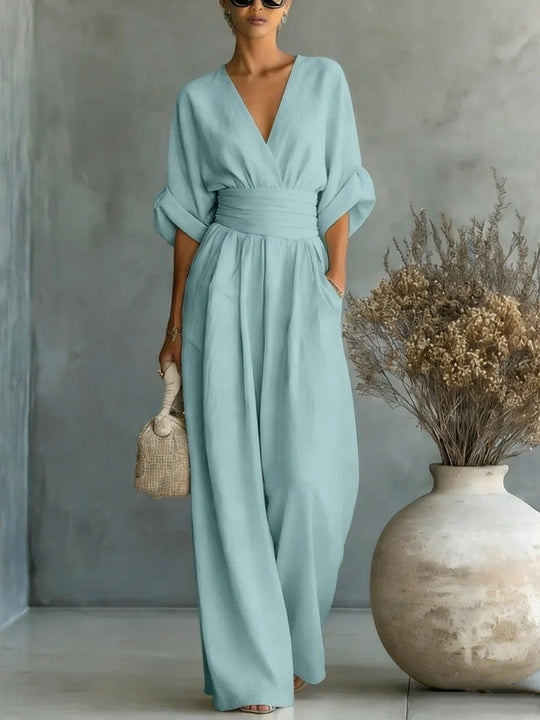 Eleganter Ärmelloser Jumpsuit mit Tiefem V-Ausschnitt, Taillenbund und Weitem Bein Avellé