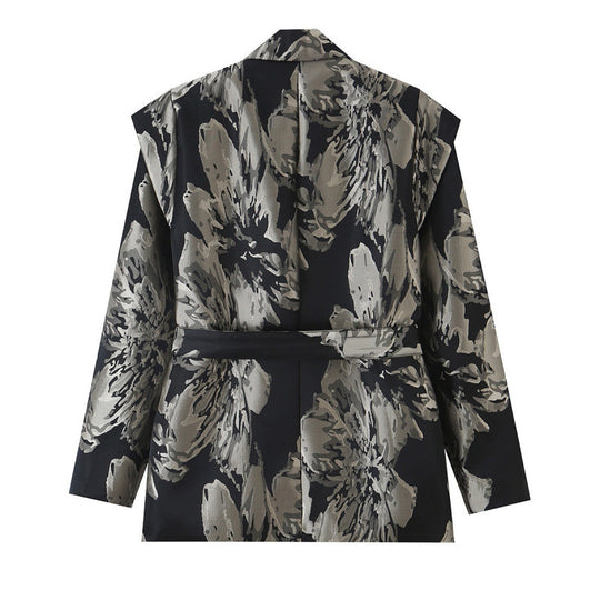 Damen Jacquard‑Blazer mit floralem Jacquardmuster, breitem Revers und Bindegürtel Nord Taschen