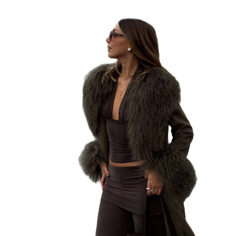 Damen Midilanger Bindemantel aus Veloursleder‑Optik mit Oversize-Fellkragen und voluminösen Fellmanschetten Nord Taschen