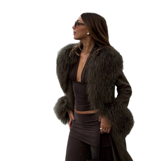 Damen Midilanger Bindemantel aus Veloursleder‑Optik mit Oversize-Fellkragen und voluminösen Fellmanschetten Nord Taschen