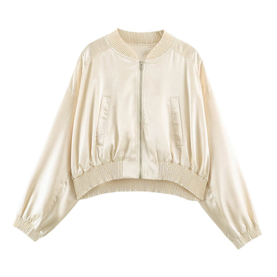 Damen Cropped Bomberjacke aus Satin mit Rippbündchen Nord Taschen