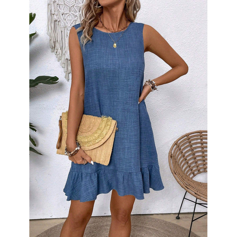 Damen Sommerkleid mit Rüschensaum und ärmellosem Design