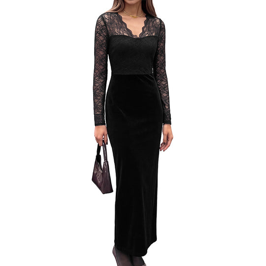 Damen Elegantes Langarm Maxikleid aus Samt und Spitze Nord Taschen