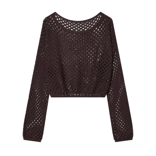 Damen Lockerer gehäkelter Cropped‑Pullover mit Ajourmuster Nord Taschen