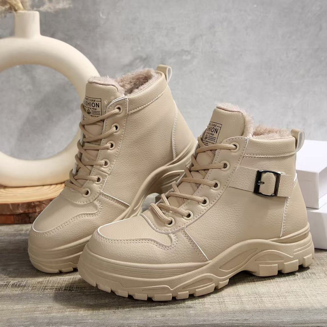 Damen  gefütterte Plateau-Schnürstiefelette mit dekorativer Metallschnalle und profilierter Gummilaufsohle Nord Taschen