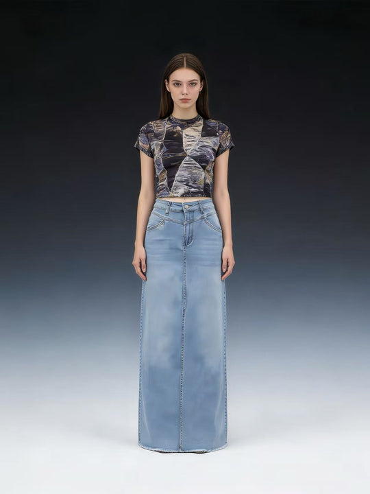 Damen Maxi-Denim-Rock mit hohem Bund und fransigem Saum