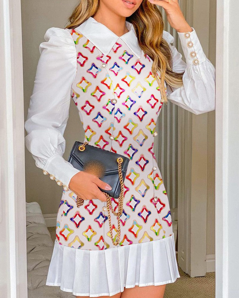 Damen Elegantes Hemdblusenkleid mit Puffärmeln Perlenknopfleiste und plissiertem Saum Nord Taschen
