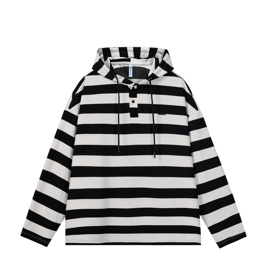 Herren Gestreiftes Kapuzen-Rugbyshirt im Oversize-Schnitt mit Knopfleiste Nord Taschen