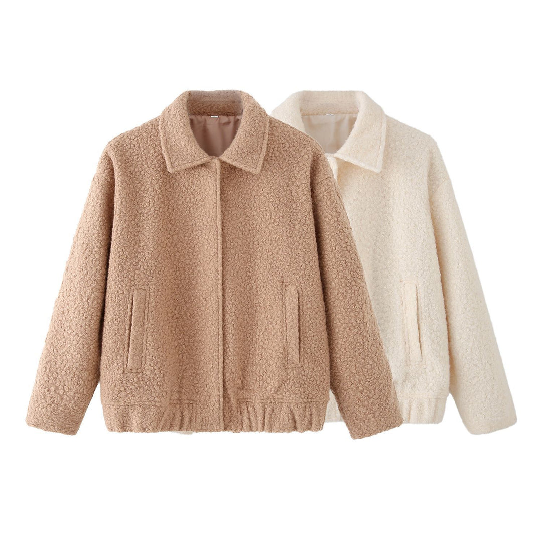 Damen Teddy-Boxy-Jacke mit Hemdkragen, Eingrifftaschen und elastischem Saum Nord Taschen