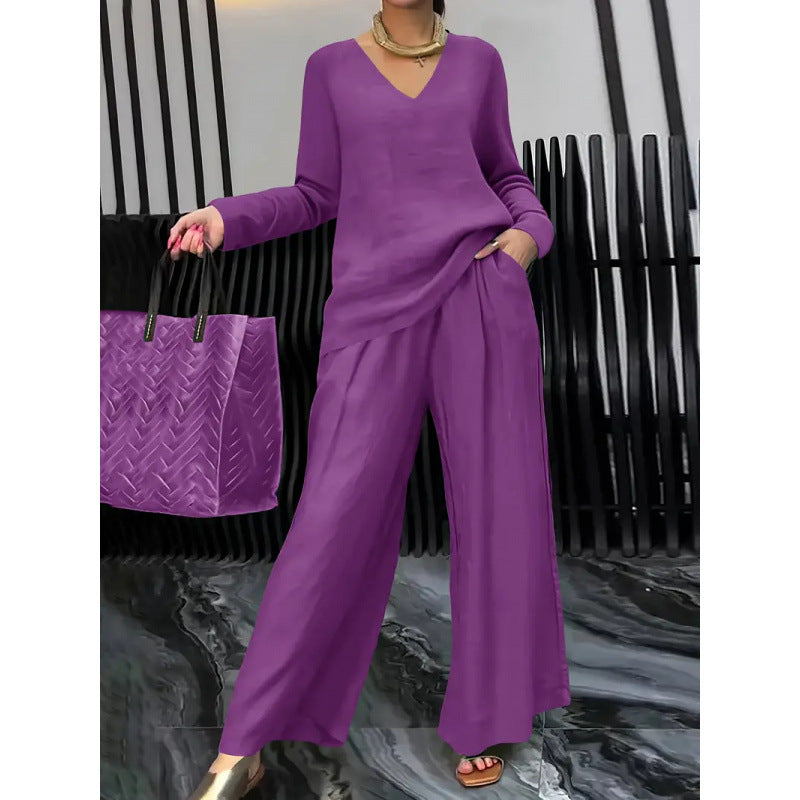 Damen Feiner V-Ausschnitt Strickpullover mit fließender Palazzo-Hose Nord Taschen