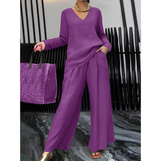 Damen Feiner V-Ausschnitt Strickpullover mit fließender Palazzo-Hose Nord Taschen
