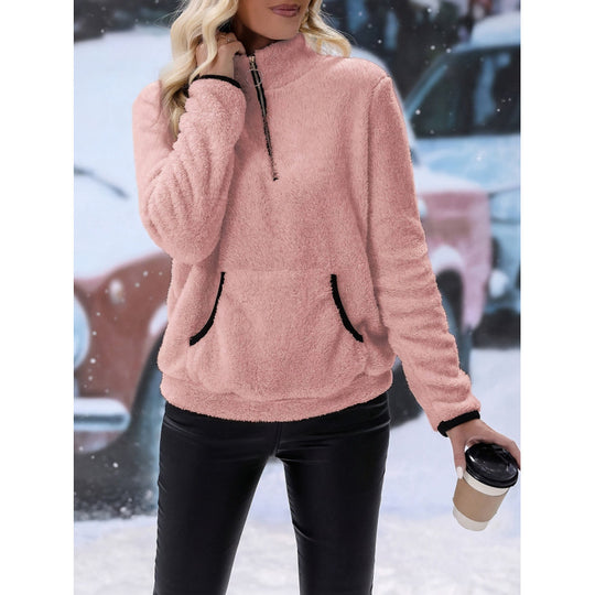 Damen flauschiger Fleece-Kuschelpullover mit halbem Reißverschluss, Kängurutasche und Stehkragen Nord Taschen