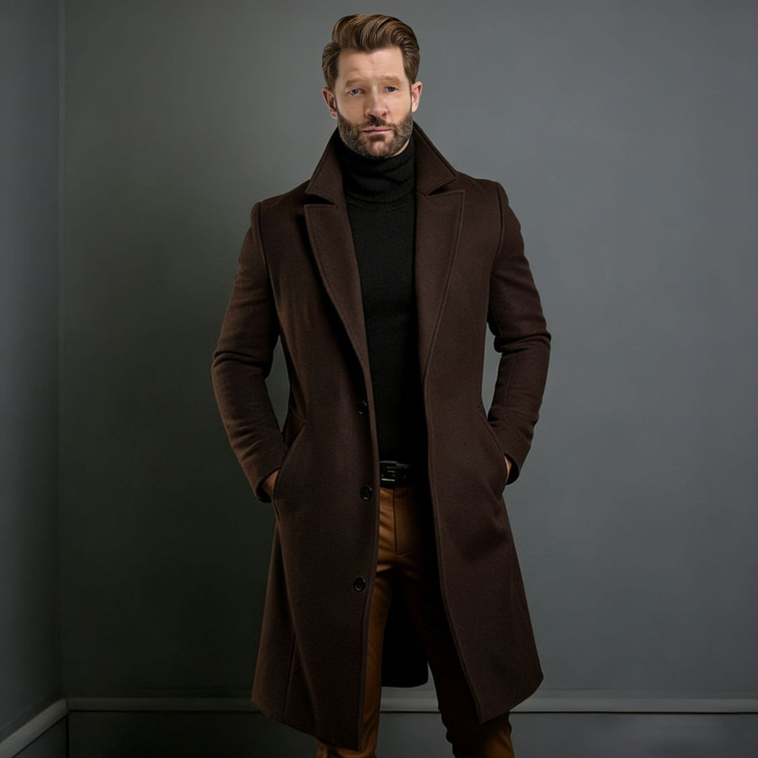 Herren Eleganter einreihiger Langmantel aus Wollmix mit schmaler Silhouette und Reverskragen Nord Taschen