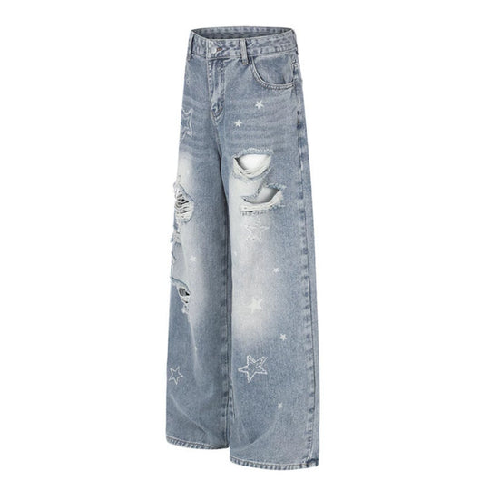 Damen Weite Distressed Palazzo-Jeans mit Stern-Stickerei Nord Taschen