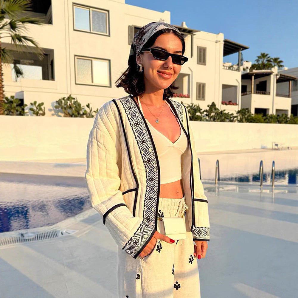 Damen Gestepptes Kimono-Cardigan mit geometrischer Stickbordüre Nord Taschen