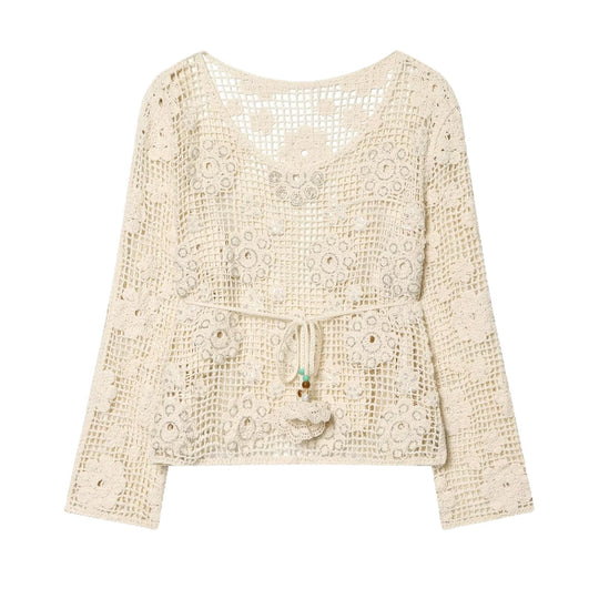 Damen Häkelbluse mit floralem Crochet‑Motiv, V‑Ausschnitt und Tunnelzug Nord Taschen