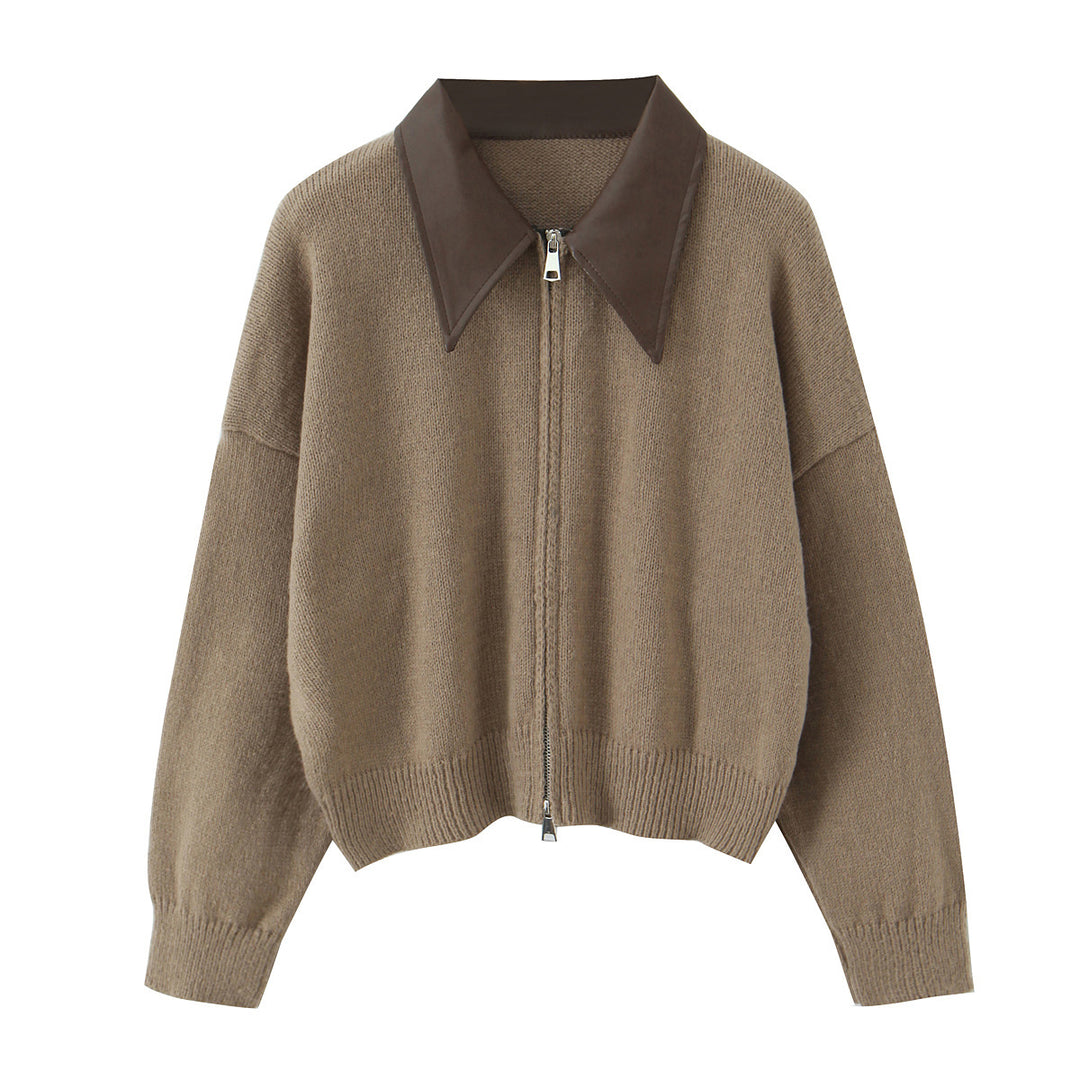 Damen 10+ Oversize Strickjacke mit Zweiwege‑Reißverschluss und spitzem Kontrastkragen Nord Taschen