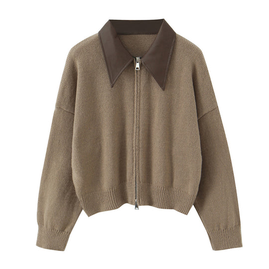 Damen 10+ Oversize Strickjacke mit Zweiwege‑Reißverschluss und spitzem Kontrastkragen Nord Taschen