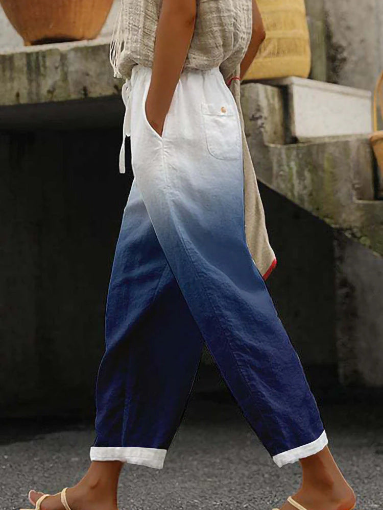 Damen Weite Leinenhose mit handgewNord Taschentem Muster
