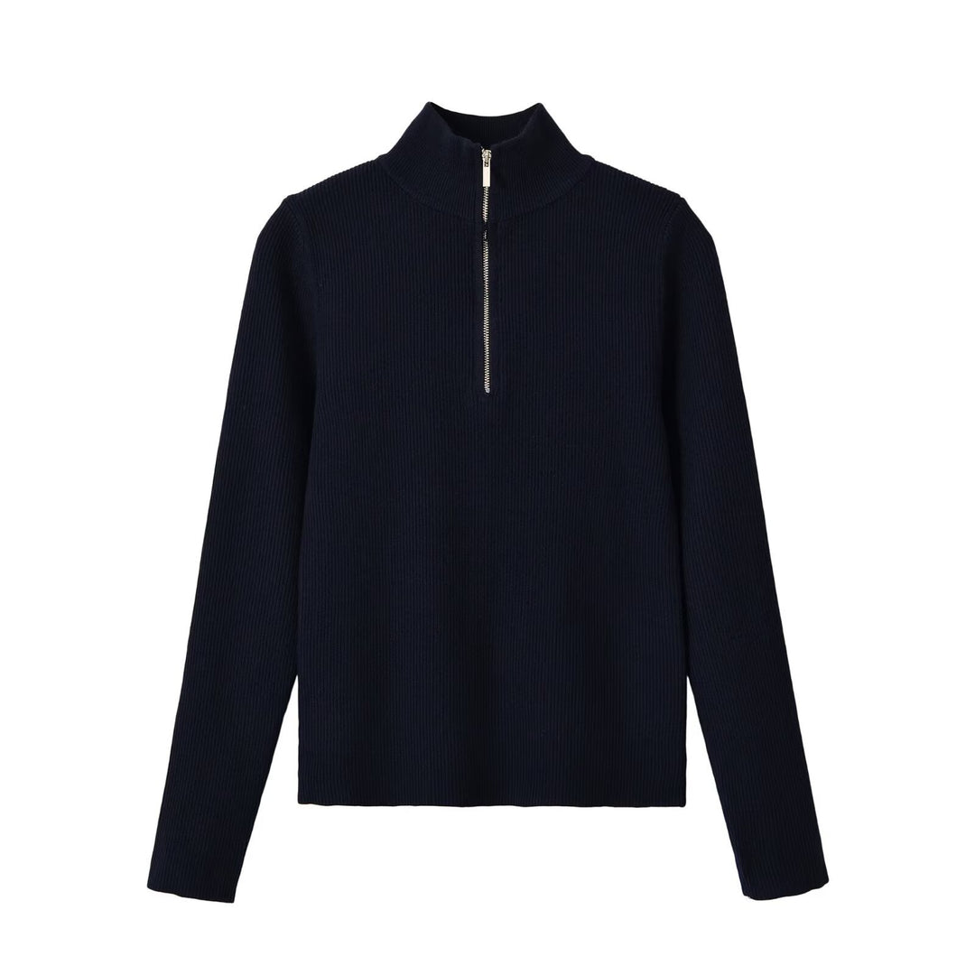 Damen Gerippter Halbzip-Strickpullover mit Stehkragen Nord Taschen