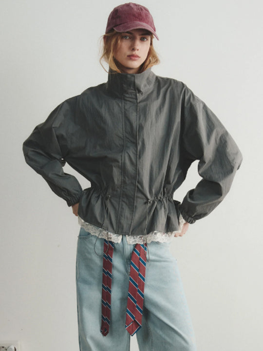 Damen Oversize-Windjacke mit hohem Stehkragen, Tunnelzug-Taille und elastischen Bündchen Nord Taschen
