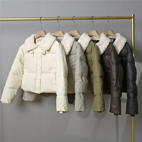 Damen nan kurze gesteppte Winterjacke mit breitem Teddykragen und Kordelzug Nord Taschen