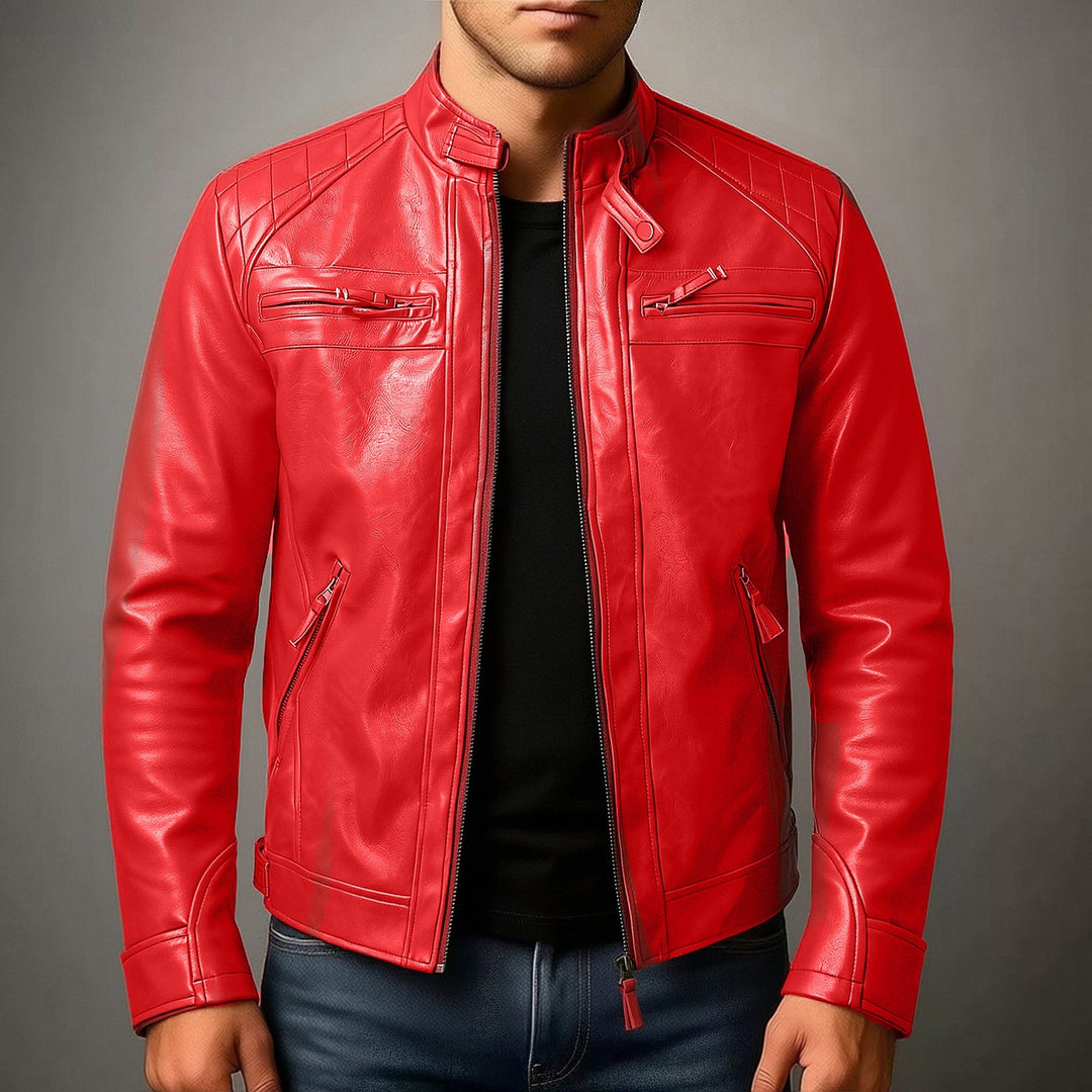 Herren Biker-inspirierte Kunstlederjacke mit Stehkragen, gesteppter Schulterpartie und Reißverschlusstaschen Nord Taschen