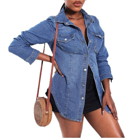 Damen tailliertes Denim‑Hemd mit Pattentaschen und Druckknopf‑Front Nord Taschen