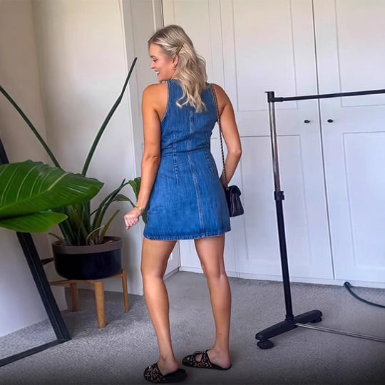 Damen Figurbetontes Ärmelloses Denim-Minikleid mit Mittelknopfleiste Nord Taschen