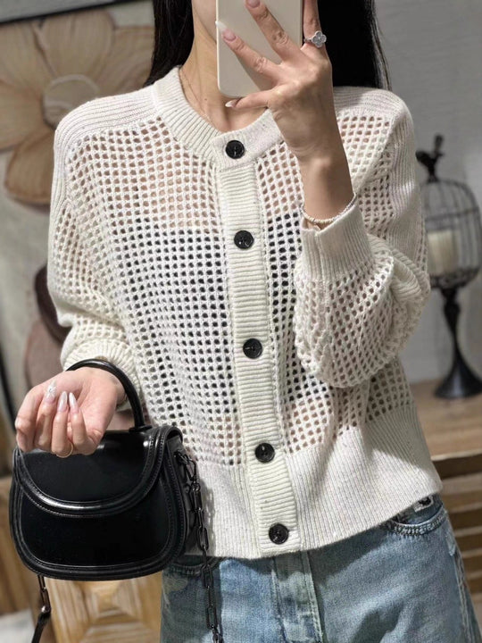 Damen Lockerer Mesh‑Cardigan mit Gitter‑Ajour, Rundhalsausschnitt und Knopfleiste Nord Taschen