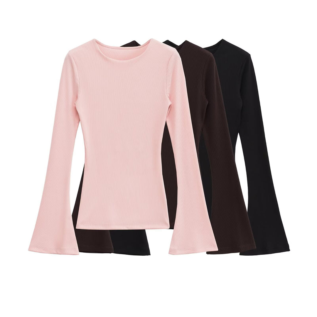 Damen Figurbetontes Rippshirt mit Carmenausschnitt und ausgestellten Schlagärmeln Nord Taschen