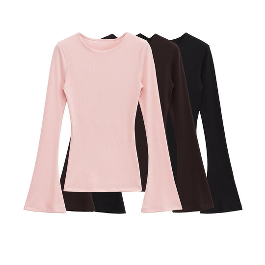 Damen Figurbetontes Rippshirt mit Carmenausschnitt und ausgestellten Schlagärmeln Nord Taschen