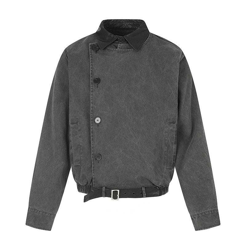 Herren Asymmetrische Canvas-Bomberjacke mit Lederriemen und Stehkragen Nord Taschen