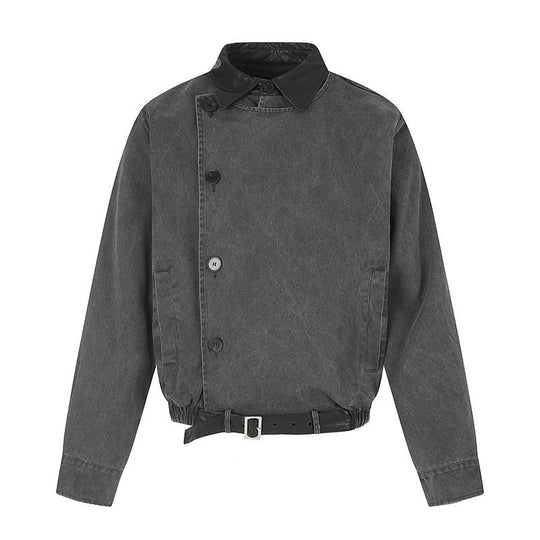 Herren Asymmetrische Canvas-Bomberjacke mit Lederriemen und Stehkragen Nord Taschen