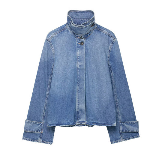 Damen Cropped Boxy-Jeansjacke mit hohem Funnelkragen und extraweiten Manschetten Nord Taschen