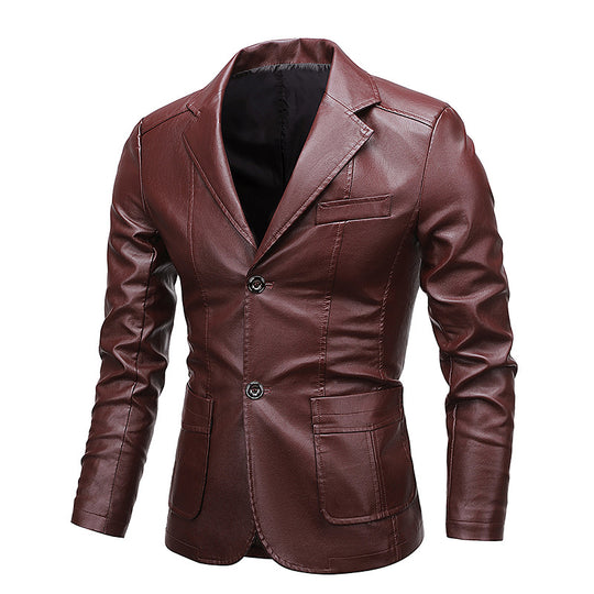 Herren Slim-Fit Kunstleder-Sakko mit Reverskragen und aufgesetzten Pattentaschen Nord Taschen