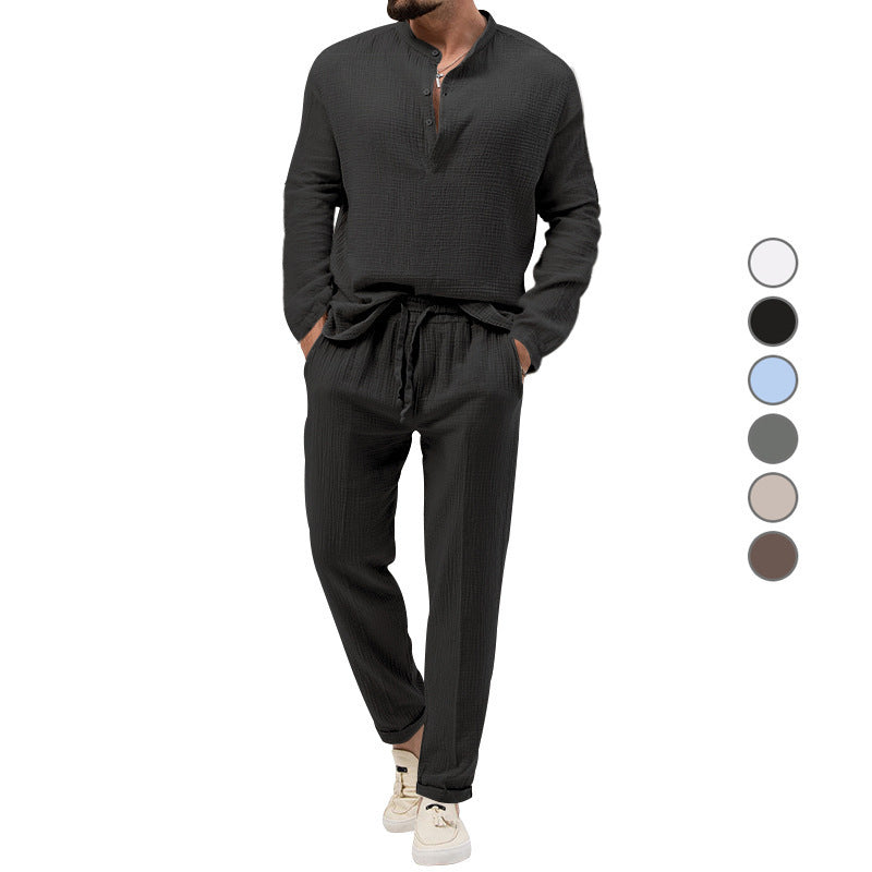 Herren Lässiges Zweiteiliges Lounge-Set aus Baumwoll-Gauze mit Henley-Oberteil und Tunnelzug-Hose Nord Taschen