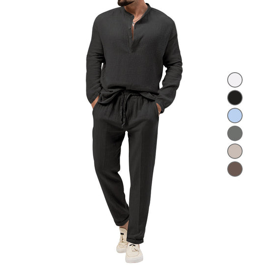 Herren Lässiges Zweiteiliges Lounge-Set aus Baumwoll-Gauze mit Henley-Oberteil und Tunnelzug-Hose Nord Taschen
