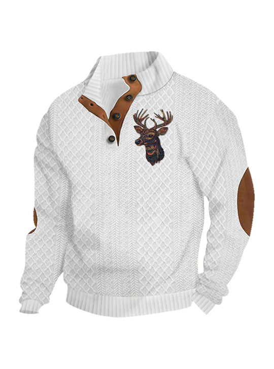 Herren nan Heritage-Strukturpullover mit Stehkragen Lederimitat-Besatz Ellenbogen-Patches und Halbknopfleiste