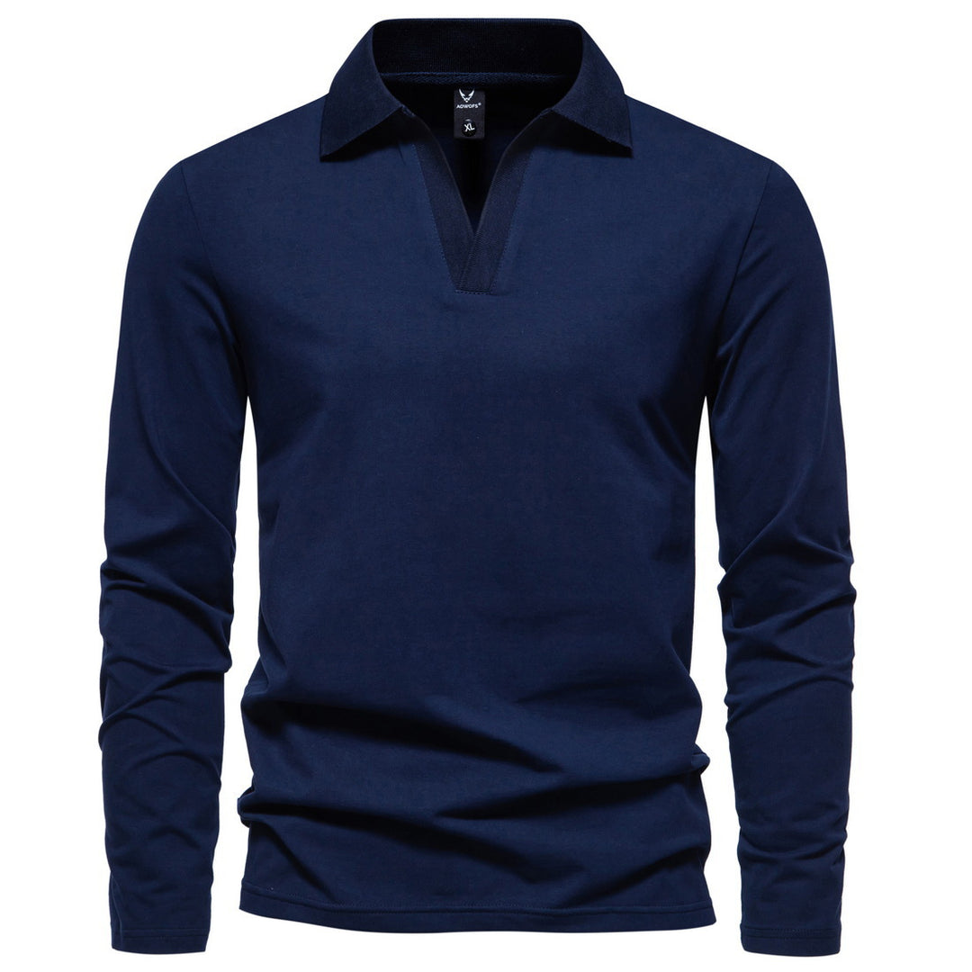 Herren Langarm-Polo mit offenem V-Ausschnitt, feinem Rippenkragen und schmaler Silhouette Nord Taschen