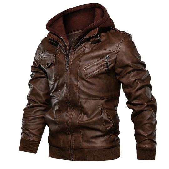 Herren  Lederjacke mit Kapuze, Vintage-Bikerlook und mehreren Reißverschlusstaschen Nord Taschen