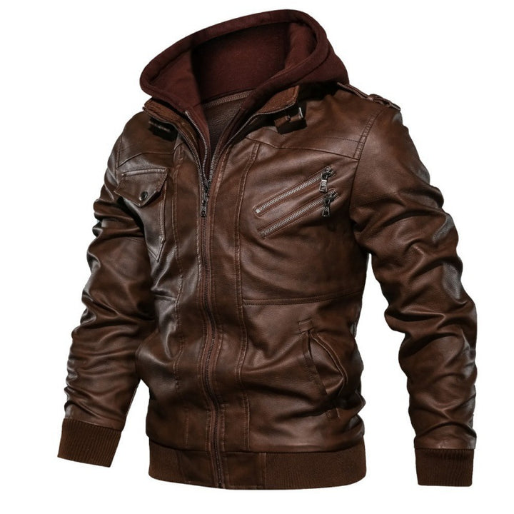Herren  Lederjacke mit Kapuze, Vintage-Bikerlook und mehreren Reißverschlusstaschen Nord Taschen