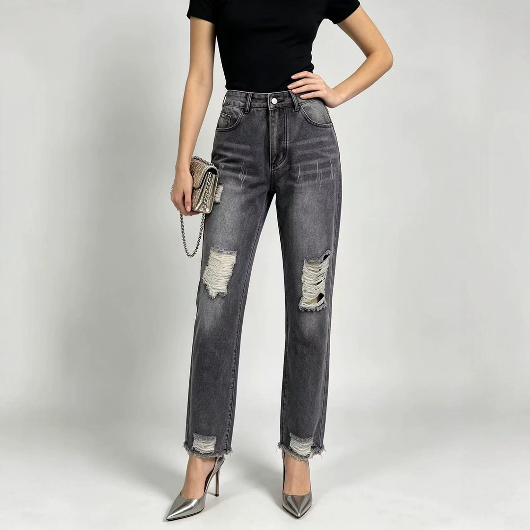 Damen hochgeschnittene Straight Leg Jeans mit gezielten Rissdetails und rohem Knöchelabschluss Nord Taschen