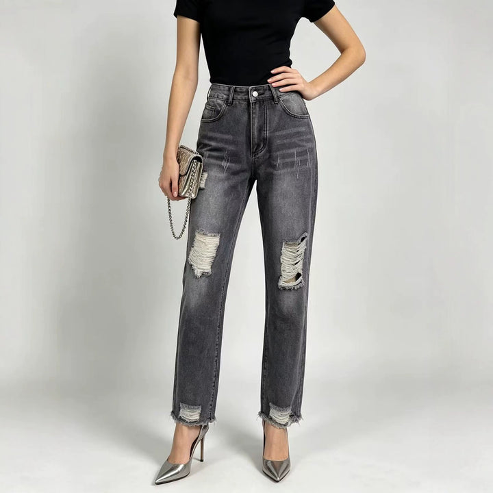 Damen hochgeschnittene Straight Leg Jeans mit gezielten Rissdetails und rohem Knöchelabschluss Nord Taschen
