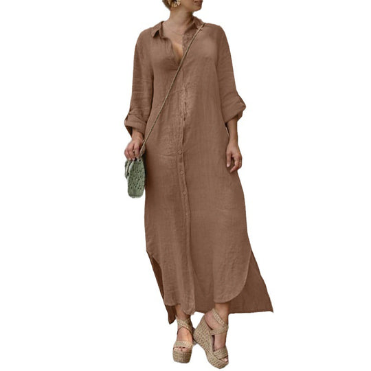Damen Hemdblusenkleid mit durchgehender Knopfleiste, seitlichen Schlitzen und 3/4-Ärmeln Nord Taschen