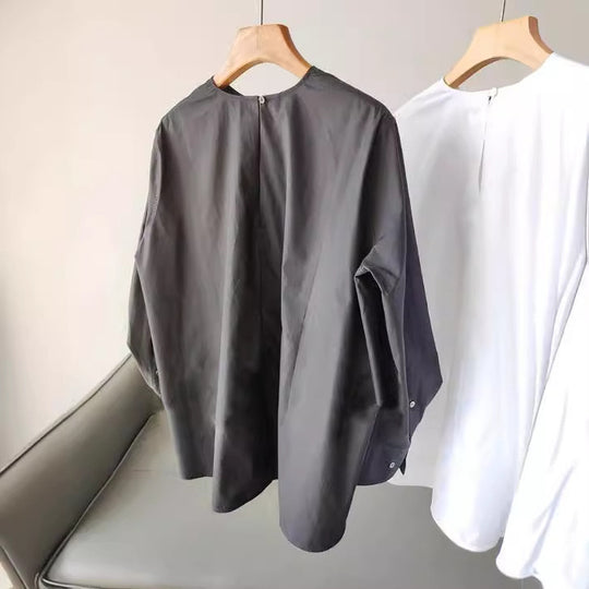 Damen Oversize-Bluse aus leichtem Baumwollmix mit weiten Ballonärmeln und verlängertem Rückensaum Nord Taschen